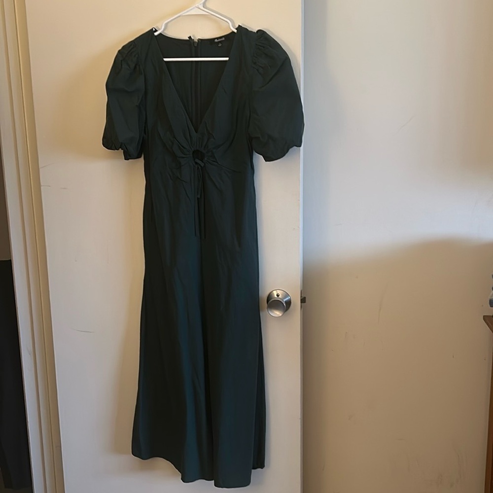Madewell Poplin Cutout Puff-Sleeve Midi Dress dark palm emerald green